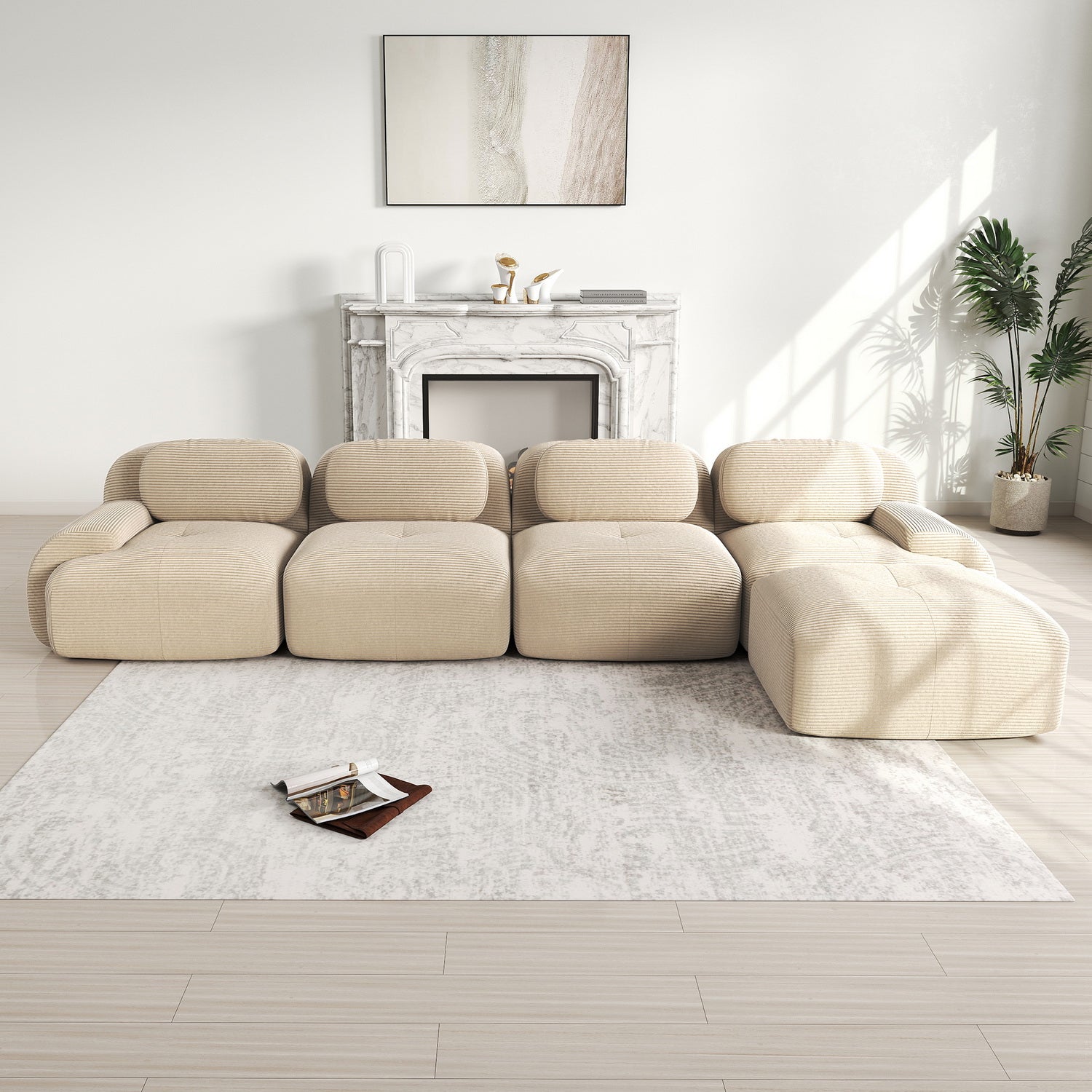 Ensemble de canapés avec accoudoirs incurvés et base antidérapante en tissu velours côtelé doux pour le salon, beige,siège4+tabouret1