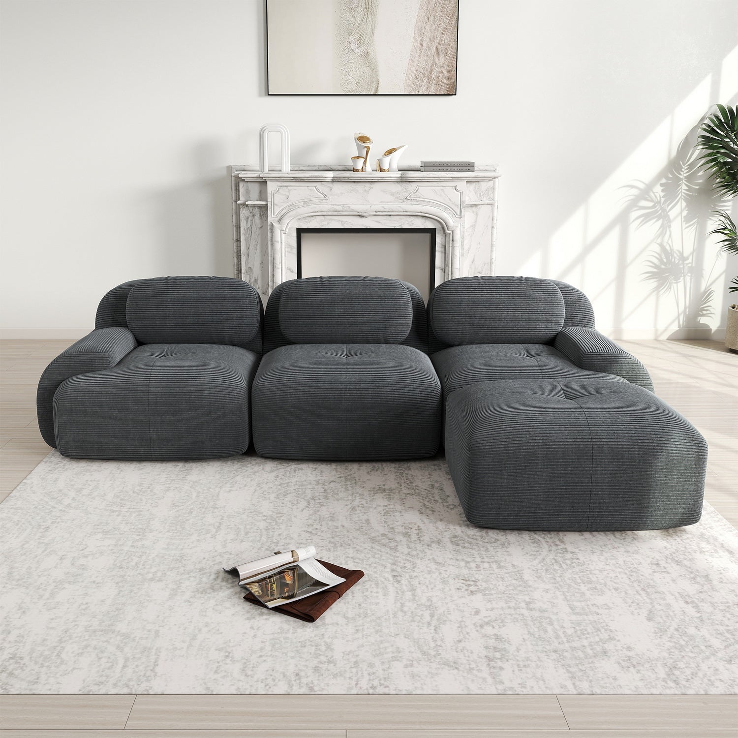 2-seater sofa bed in dark gray fabric with side pockets, modern convertible sofa