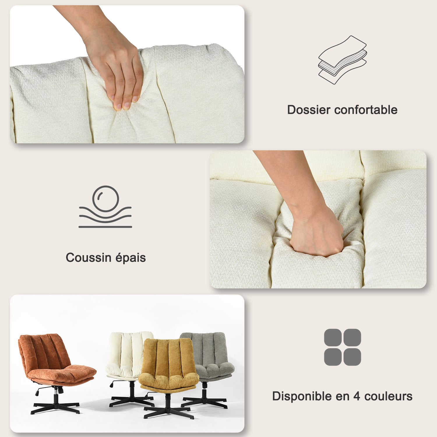 Fauteuil de relaxation réglable et pivotant avec accoudoirs et assise épaisse en chenille beige - CONFOD