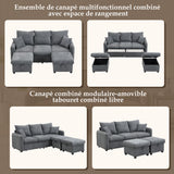 Canapé d'angle 3 places gris en forme de U avec rangement, canapé modulaire multifonction en chenille
