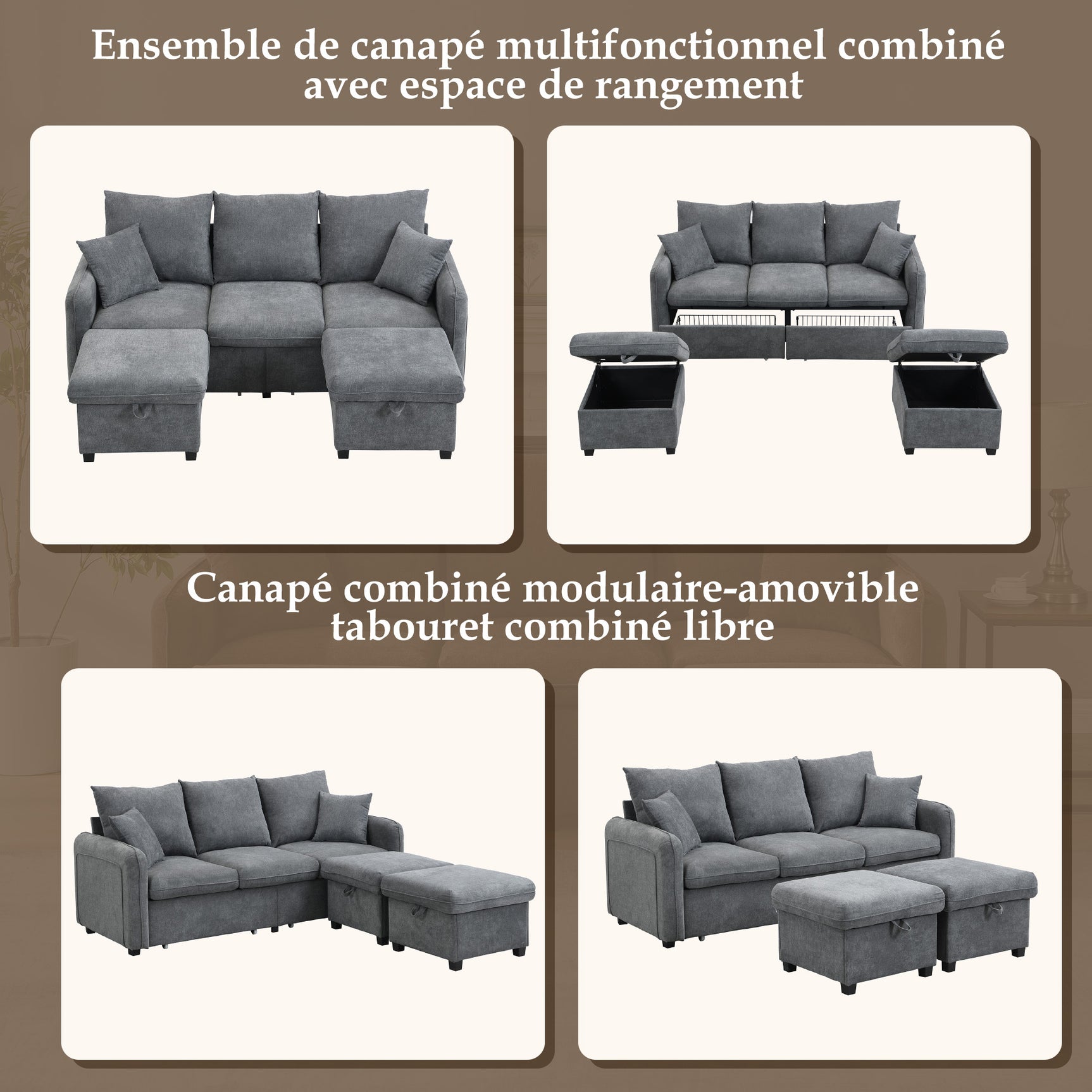 Canapé d'angle 3 places gris en forme de U avec rangement, canapé modulaire multifonction en chenille