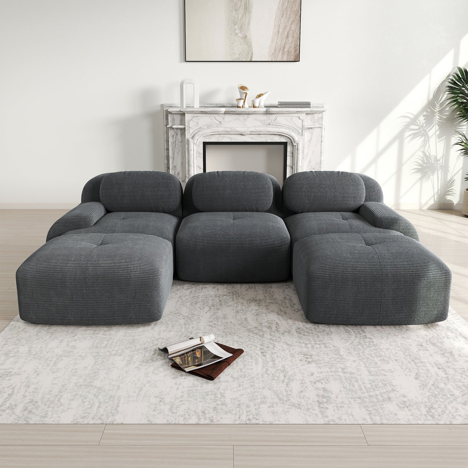 Ensemble de canapés avec accoudoirs incurvés et base antidérapante en tissu velours côtelé doux pour le salon, gris, siège 3 + tabouret 2