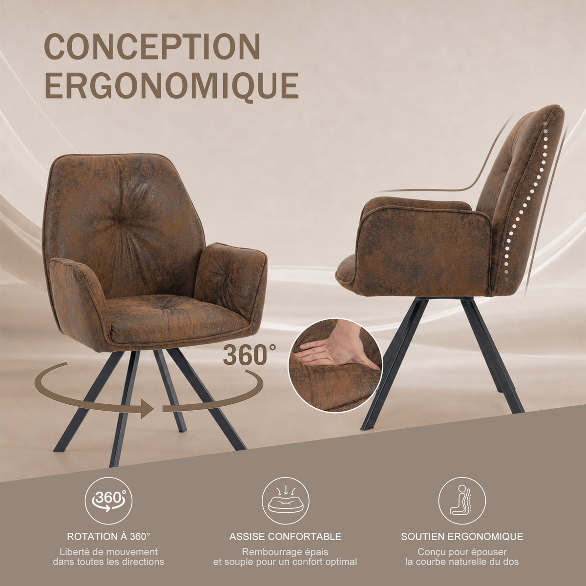 Ensemble de salle à manger comprenant une table extensible et 4 fauteuil pivotant confortables en suédine