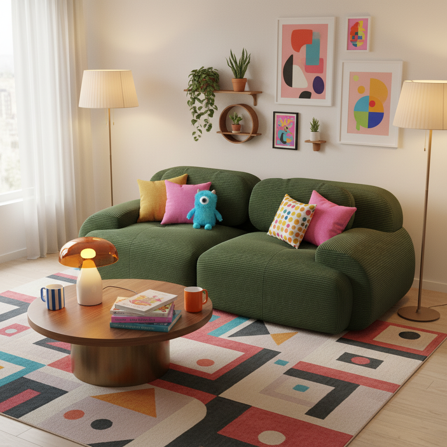 Ensemble de canapés avec accoudoirs incurvés et base antidérapante en tissu velours côtelé doux pour le salon, vert, siège 2