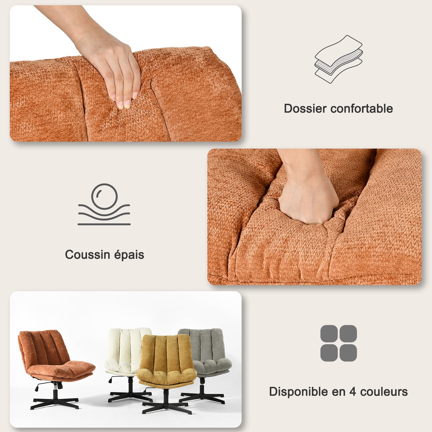 Fauteuil de relaxation réglable et pivotant avec accoudoirs et assise épaisse en chenille rouge - CONFOD