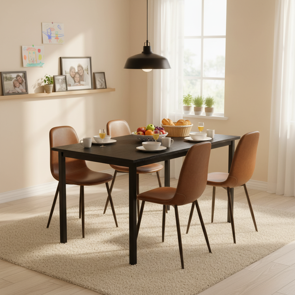 Ensemble table à manger extensible noire avec 4 chaises de salle à manger en PU, style scandinave