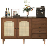 Buffet en bois style campagne avec portes en cannage, étagères réglables et tiroirs 130 × 75,5 × 40 cm