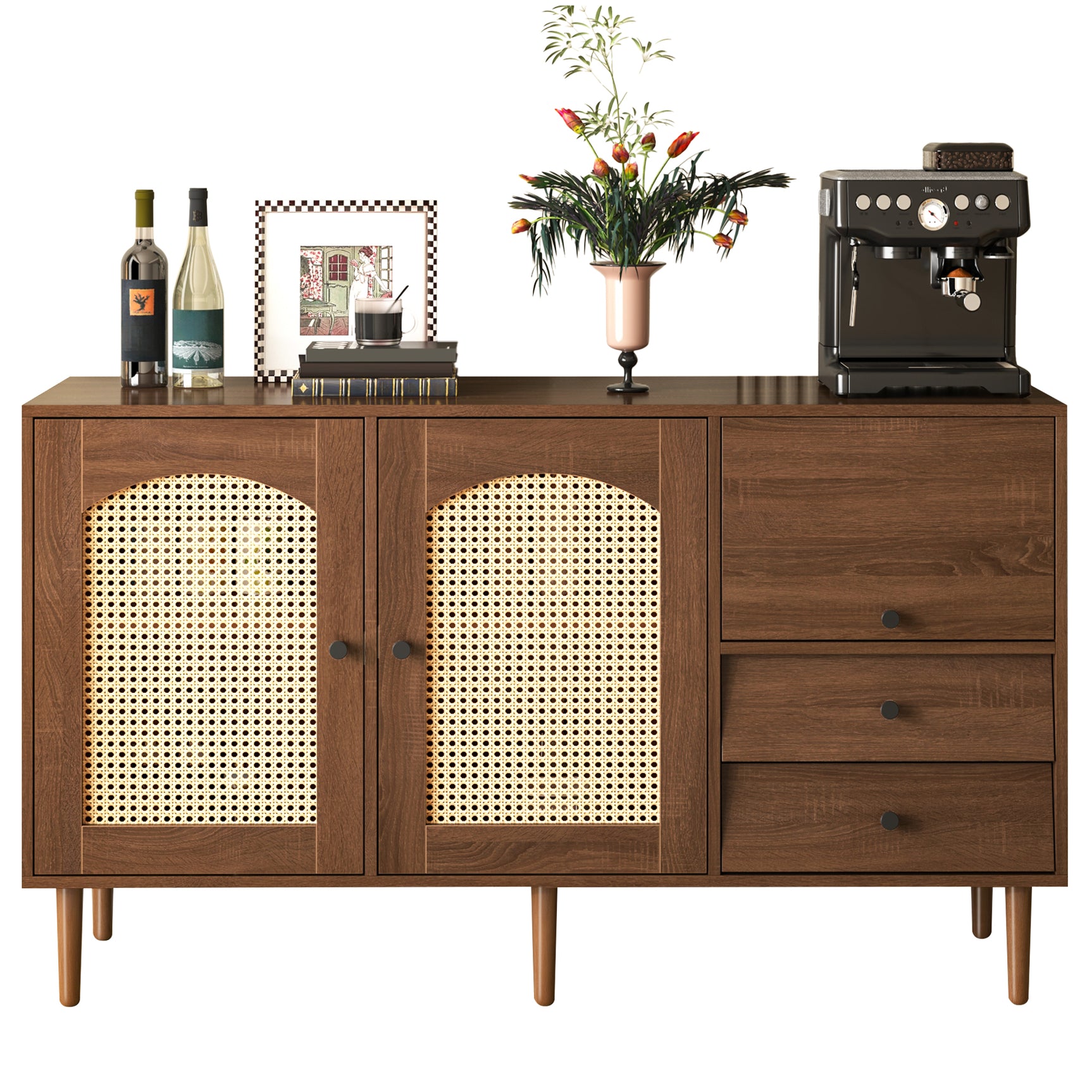 Buffet en bois style campagne avec portes en cannage, étagères réglables et tiroirs 130 × 75,5 × 40 cm