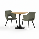 Ensemble de salle à manger de style scandinave composé d'une table ronde en chêne et de 2 fauteuils en tissu vert