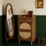 Meuble à chaussures en noyer 60x24x110 cm avec 2 portes en rotin, 1 tiroir et étagères réglables