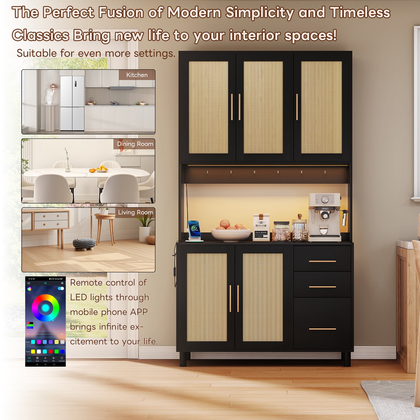 Buffet de cuisine 183 cm avec éclairage LED contrôlé par application, 2 ports USB, 2 prises, 3 tiroirs, étagères réglables et poignées dorées â€?idéal pour cuisine et salle à manger
