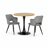 Ensemble de salle à manger de style scandinave composé d'une table ronde en chêne et de 2 fauteuils en tissu gris
