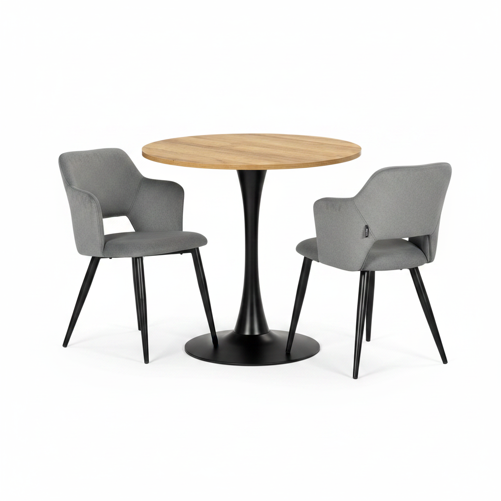 Ensemble de salle à manger de style scandinave composé d'une table ronde en chêne et de 2 fauteuils en tissu gris