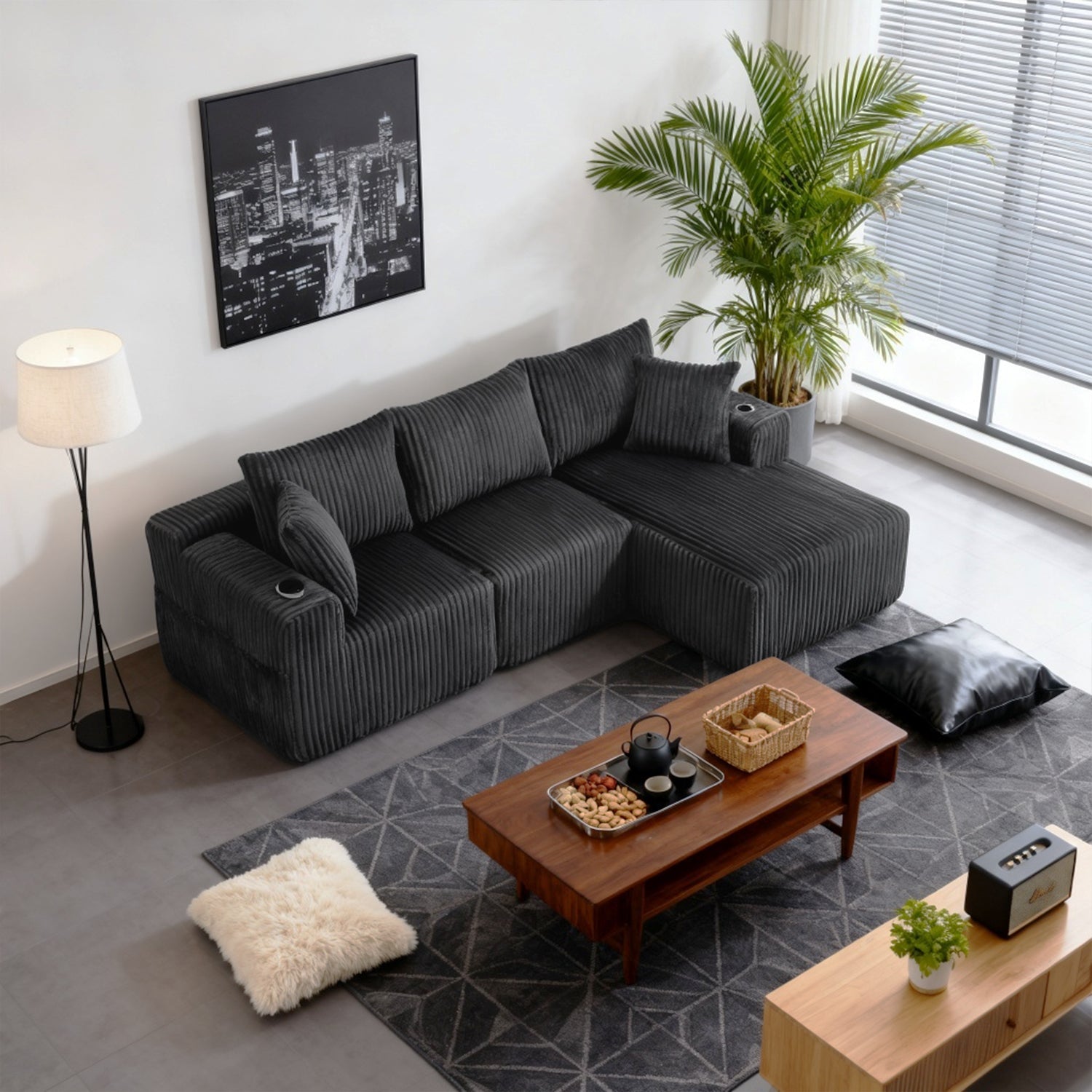 Ensemble canapé avec coussins, poches latérales et porte-gobelets en velours côtelé doux pour salon, gris