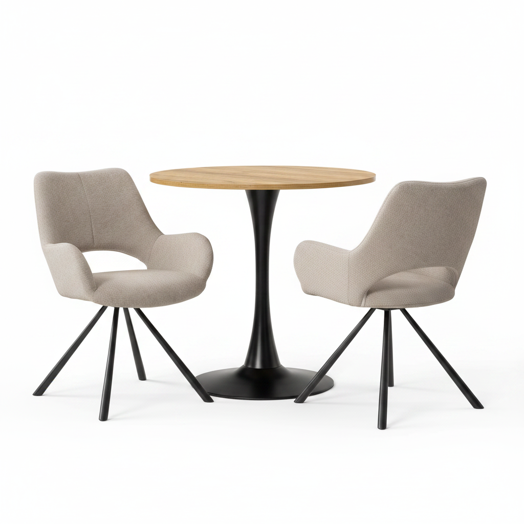 Round Table Table Table Table Timber Ø80 cm with 4 black velvet chairs, modern and comfortable style