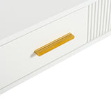 Coiffeuse ou bureau blanc au design moderne avec 2 tiroirs spacieux et pieds en métal doré, 100x40x76 cm.