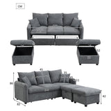 Canapé d'angle 3 places gris en forme de U avec rangement, canapé modulaire multifonction en chenille