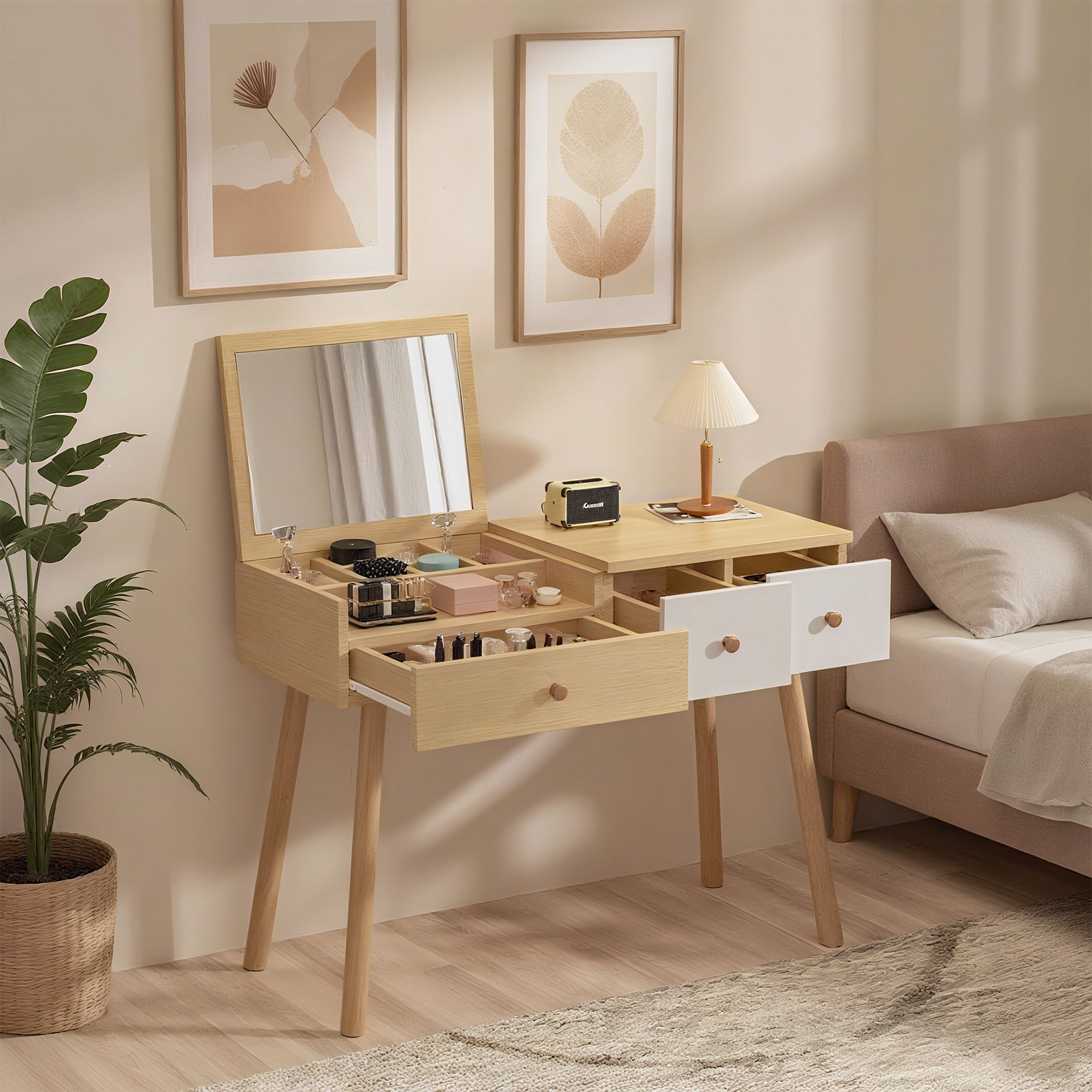 Coiffeuse en bois avec miroir rabattable, 3 tiroirs de rangement et design naturel blanc â€?100x40x78 cm