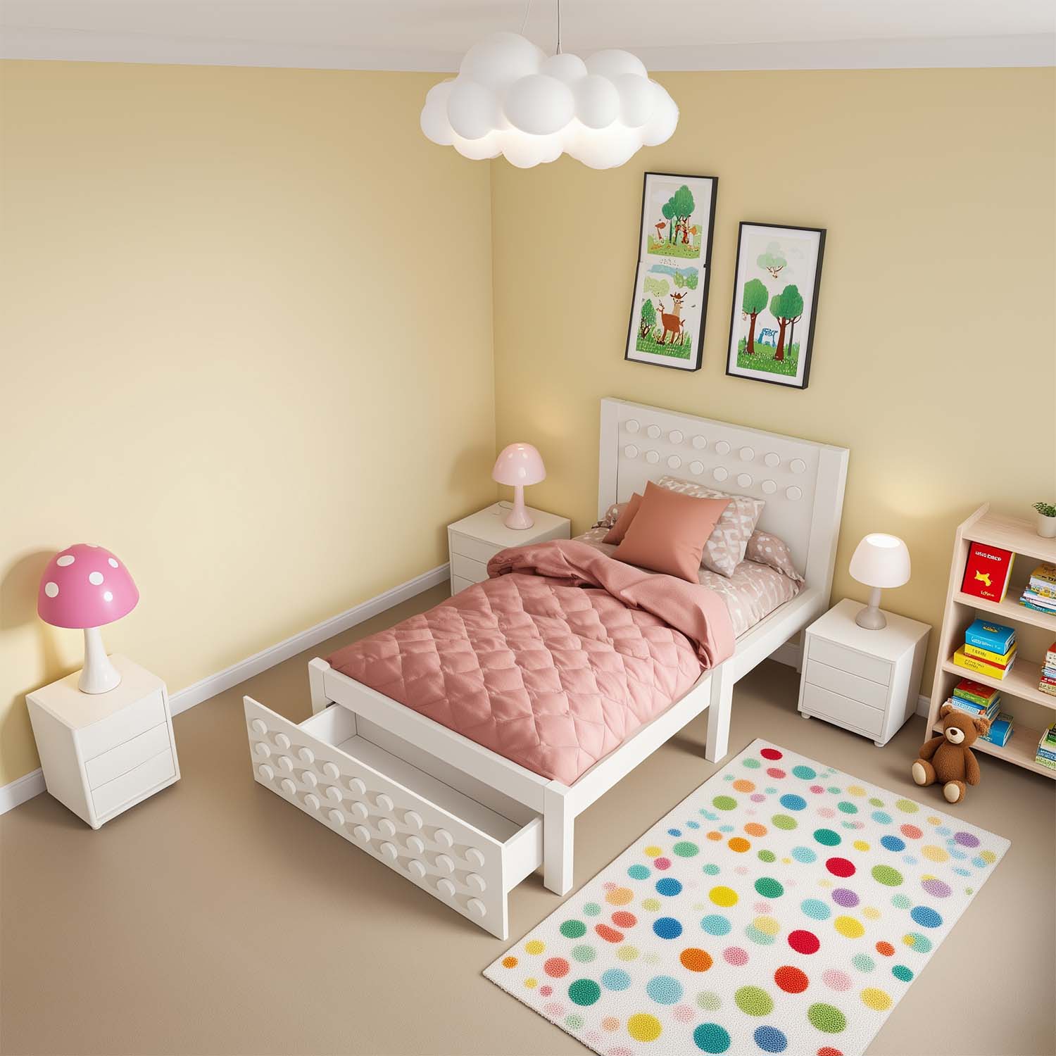 White child bed 90x200 cm with storage drawer and creative design in blocks, solid wood frame