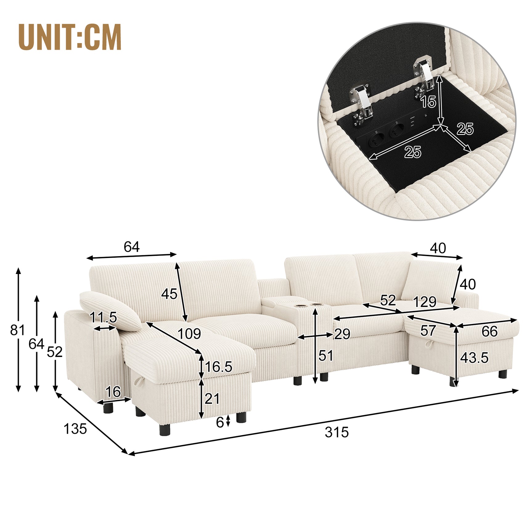 Canapé en U comprenant deux repose-pieds avec rangement en velours côtelé beige