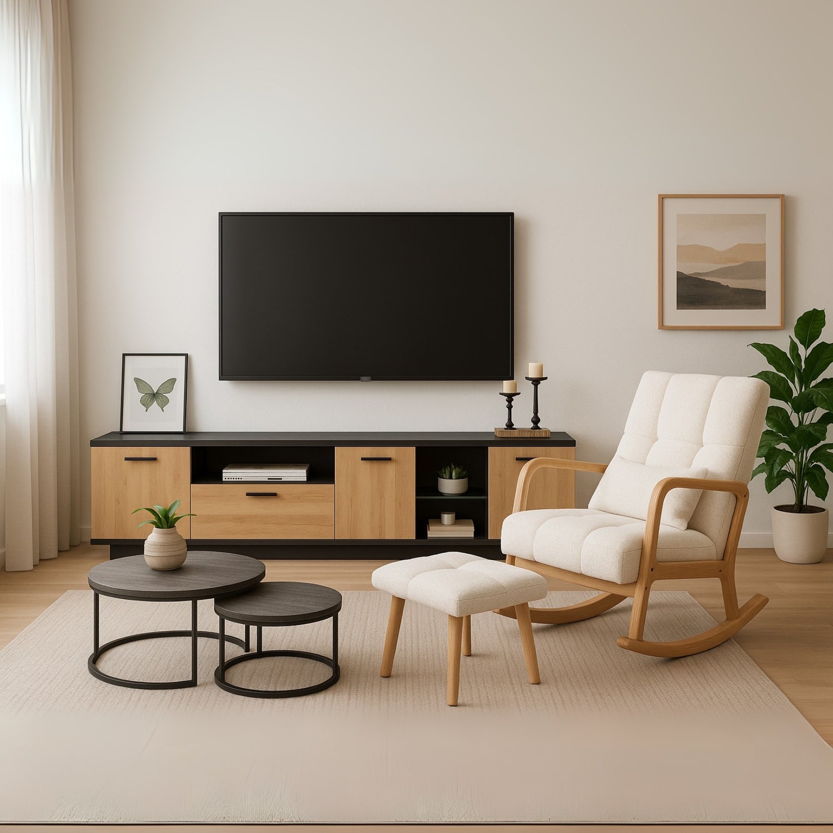 Fauteuil à bascule avec repose-pieds, revêtement polaire blanc, dossier haut et structure bois naturel