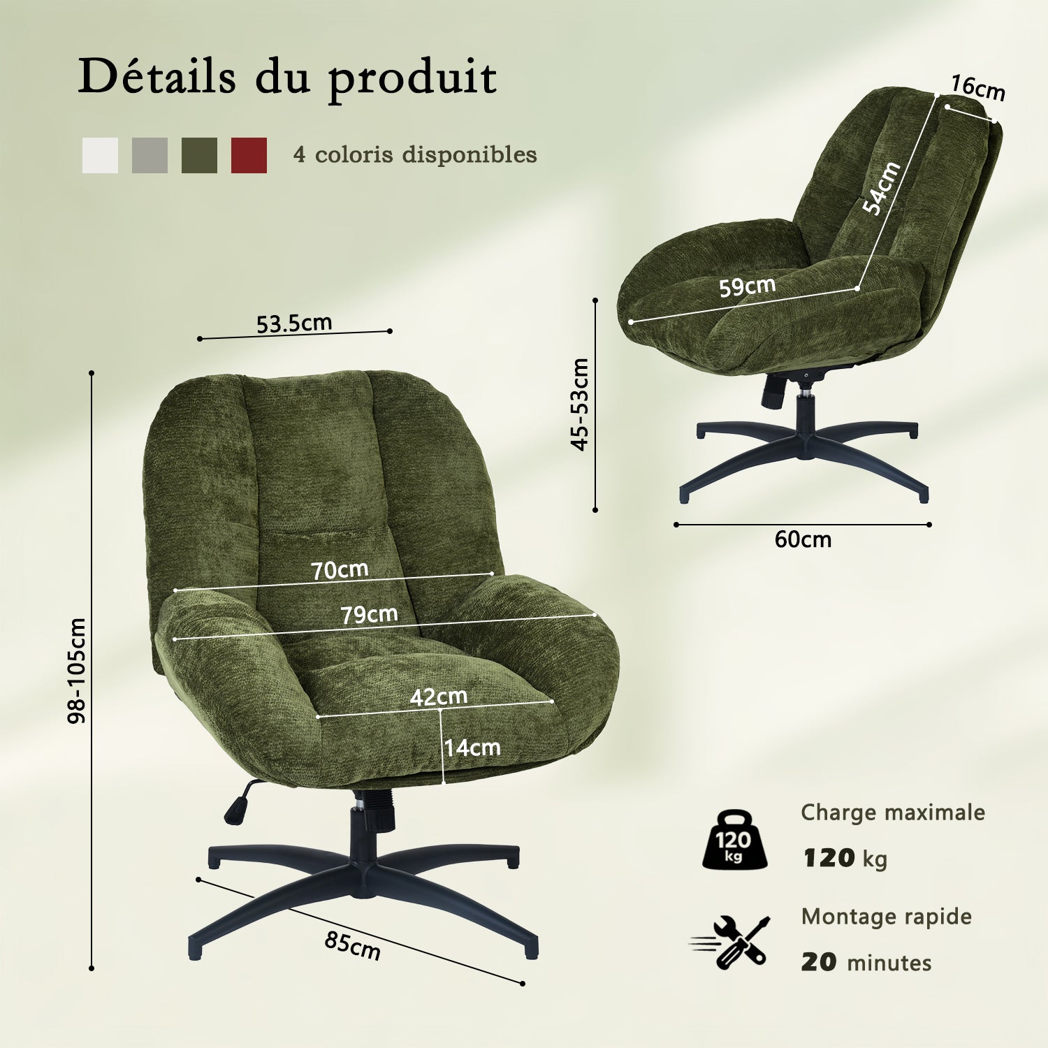 Fauteuil de bureau pivotant scandinave avec accoudoirs en tissu chenille, réglable, vert - LITHOPS FIX
