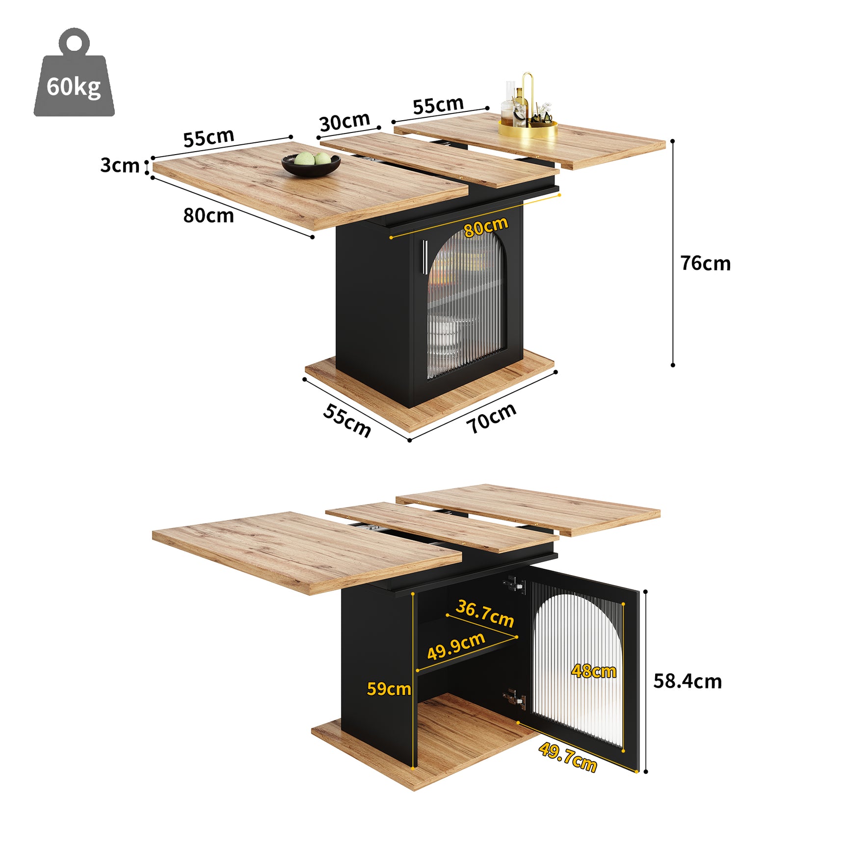 Extensible dining table 140/180x80x75 cm with MDF tray white marble effect and black metal feet