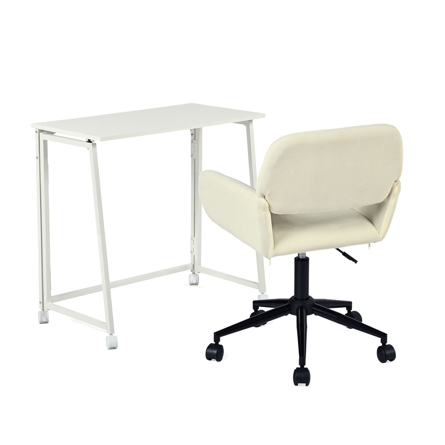 Ensemble avec bureau pliable blanc à roulettes et fauteuil en velours côtelé beige âââââââ€?ASCOLI & ROSS