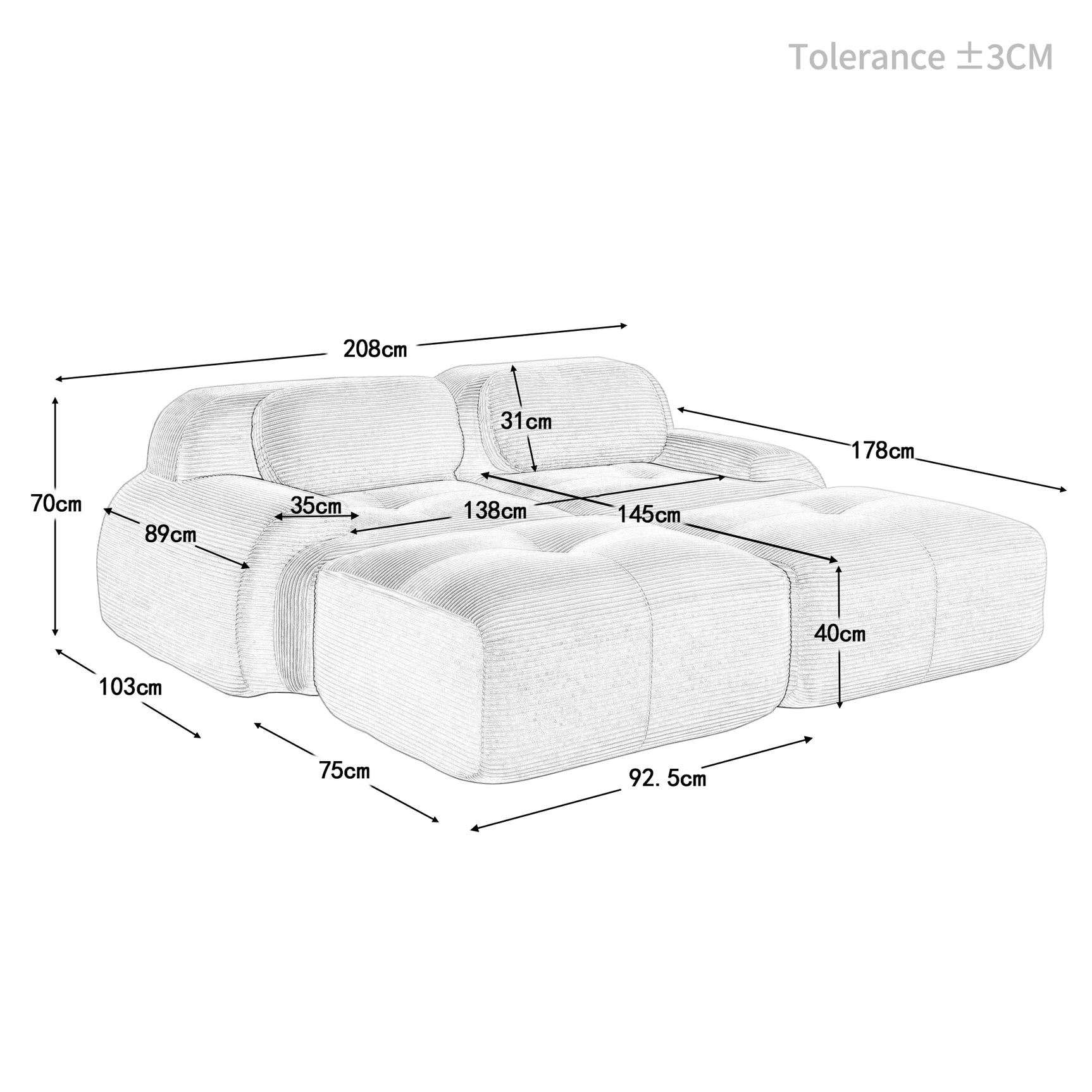 Ensemble de canapés avec accoudoirs incurvés et base antidérapante en tissu velours côtelé doux pour le salon, vert, siège 2 + tabouret 2