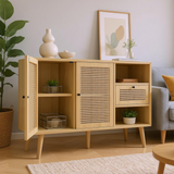 Buffet en bois finition chêne avec 1 tiroir et 2 portes magnétiques en rotin, étagères réglables et pieds en bois massif pour un rangement élégant et pratique. â€?120x40x80 cm