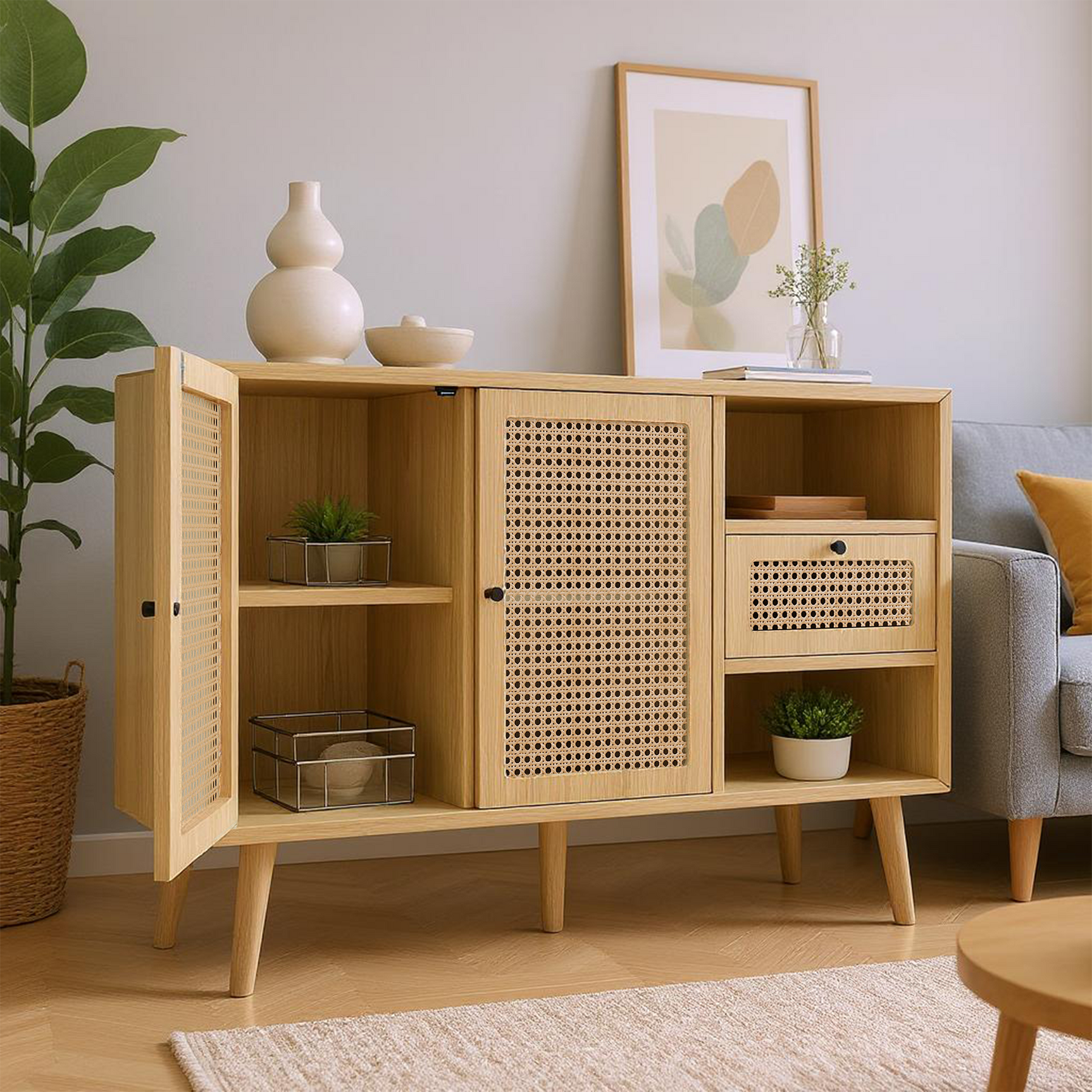 Buffet en bois finition chêne avec 1 tiroir et 2 portes magnétiques en rotin, étagères réglables et pieds en bois massif pour un rangement élégant et pratique. â€?120x40x80 cm