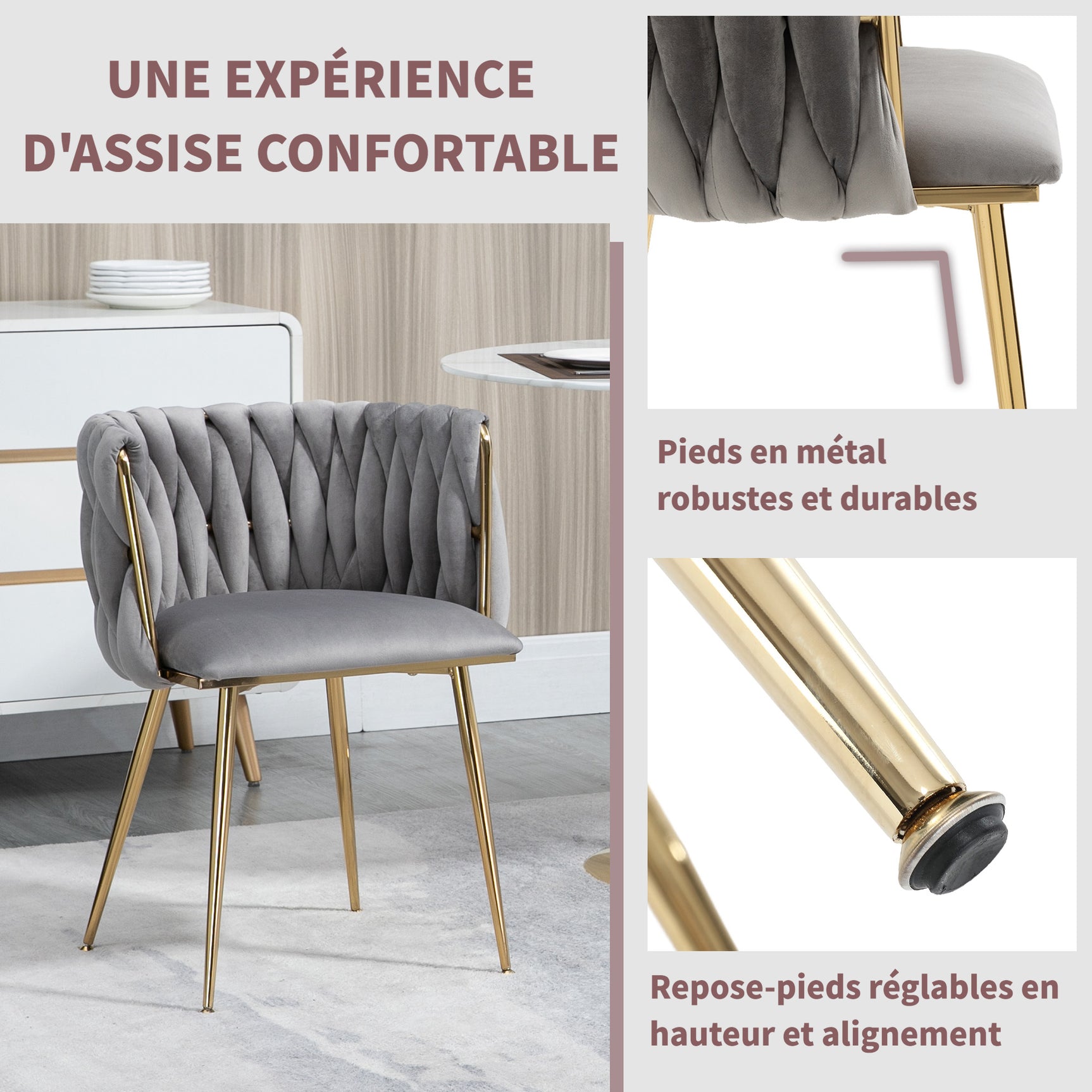Lot de 2 Chaises en Velours Luxueuses Chaises à Dos Tressé avec Pieds Métal Doré pour Salon Chambre à Coucher Salle à Manger, Gris