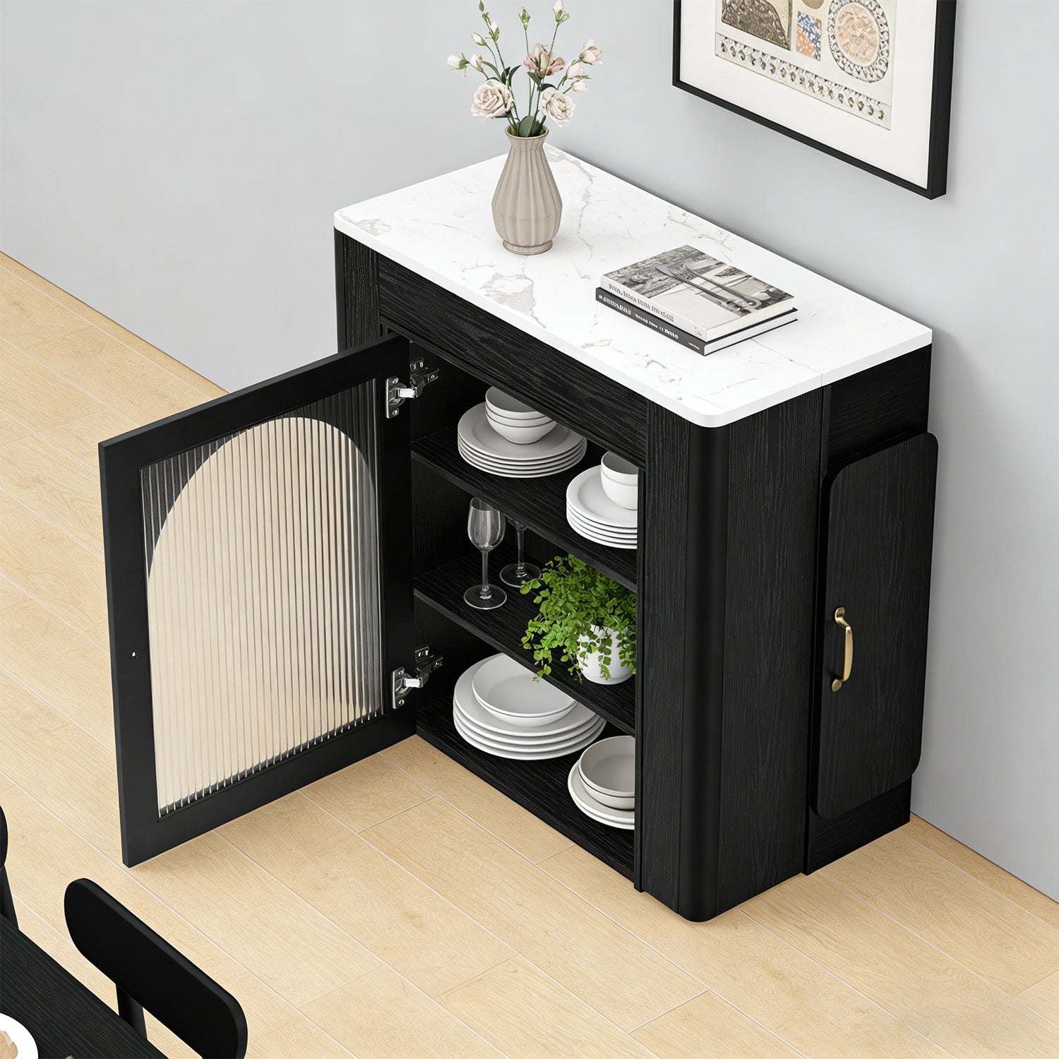 Ausziehbarer Esstisch 140/180 x 80 x 75 cm mit MDF-Platte in weißem Marmoreffekt und schwarzen Metallbeinen