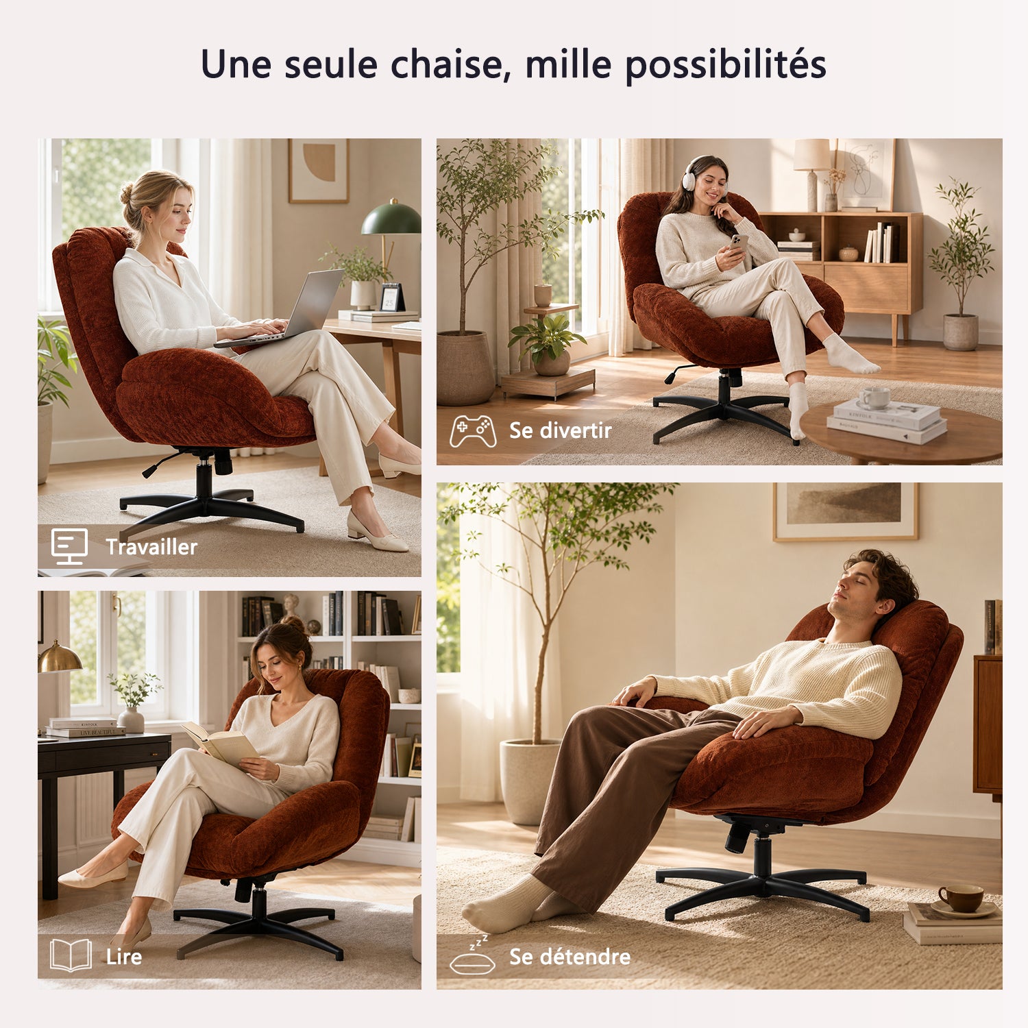 Fauteuil de bureau pivotant scandinave avec accoudoirs en tissu chenille, réglable, terracotta - LITHOPS FIX