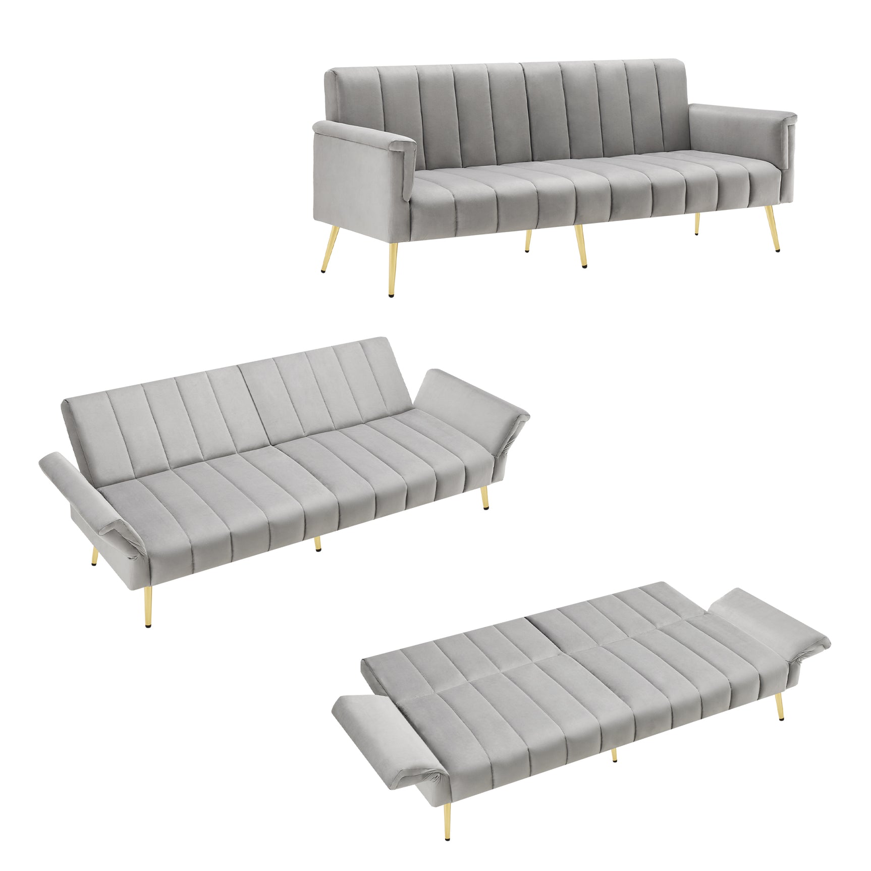 2-seater sofa bed in dark gray fabric with side pockets, modern convertible sofa