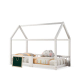 Lit cabane enfant 90x200 cm blanc en bois massif avec tableau noir, sommier à lattes et barrières de sécurité, sans matelas