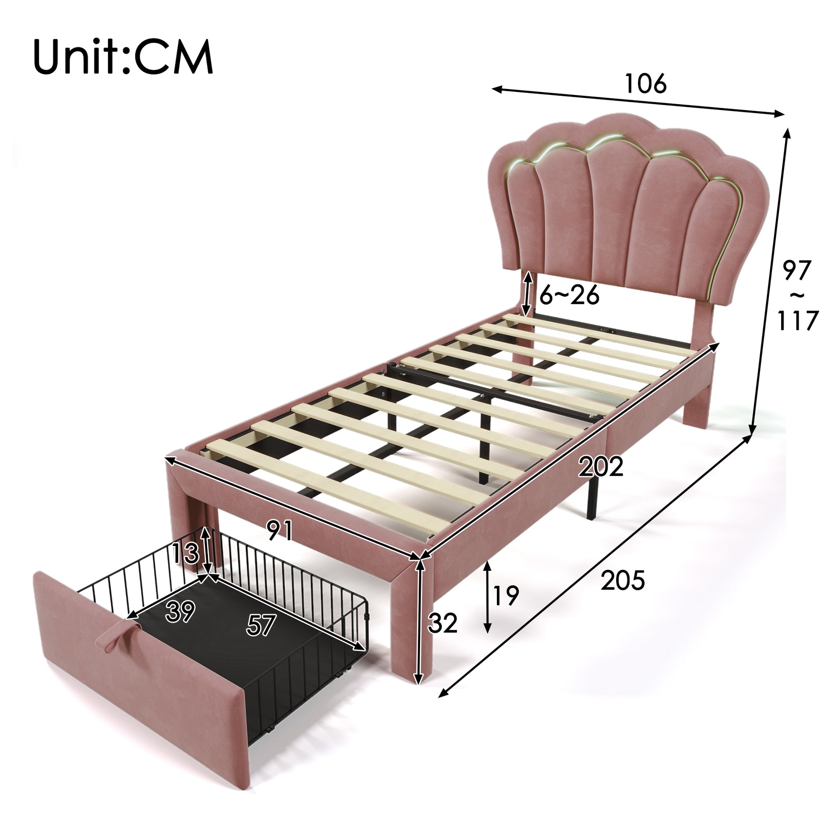 Lit enfant rembourré 90×200 cm avec LED et tiroir, velours rose (sans matelas)