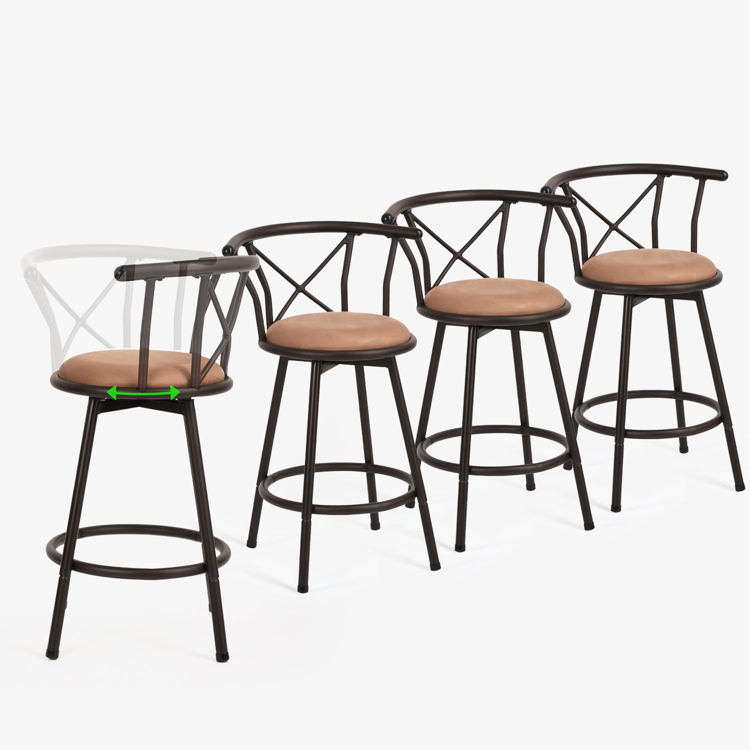 Set of 4 pivoting industrial bar stools with brown fabric file - Hailey 24