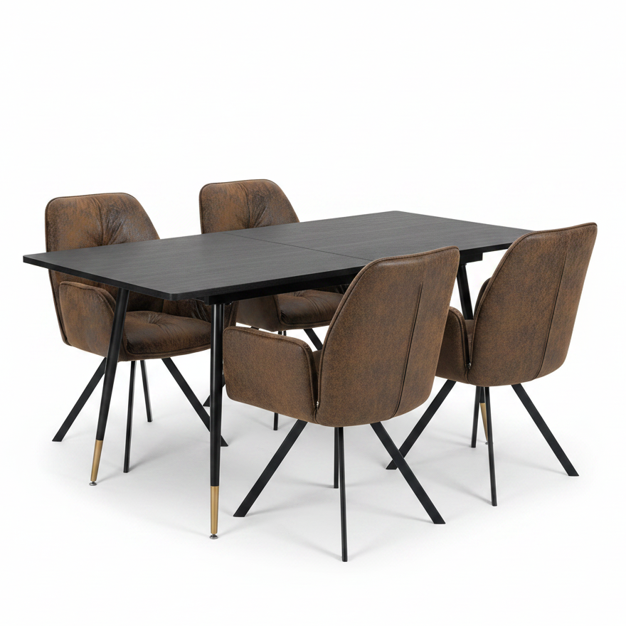 Ensemble de salle à manger comprenant une table extensible et 4 fauteuil pivotant confortables en suédine
