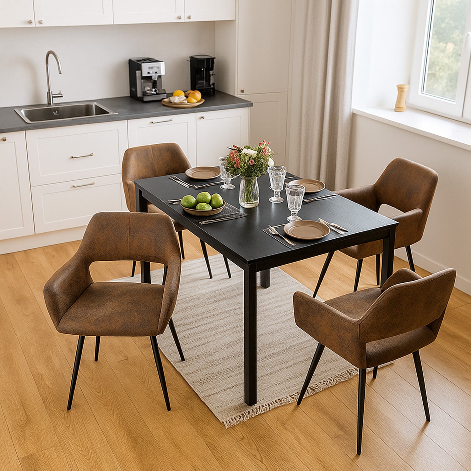 Ensemble table à manger extensible noire avec 4 fauteuils en suédine, style scandinave