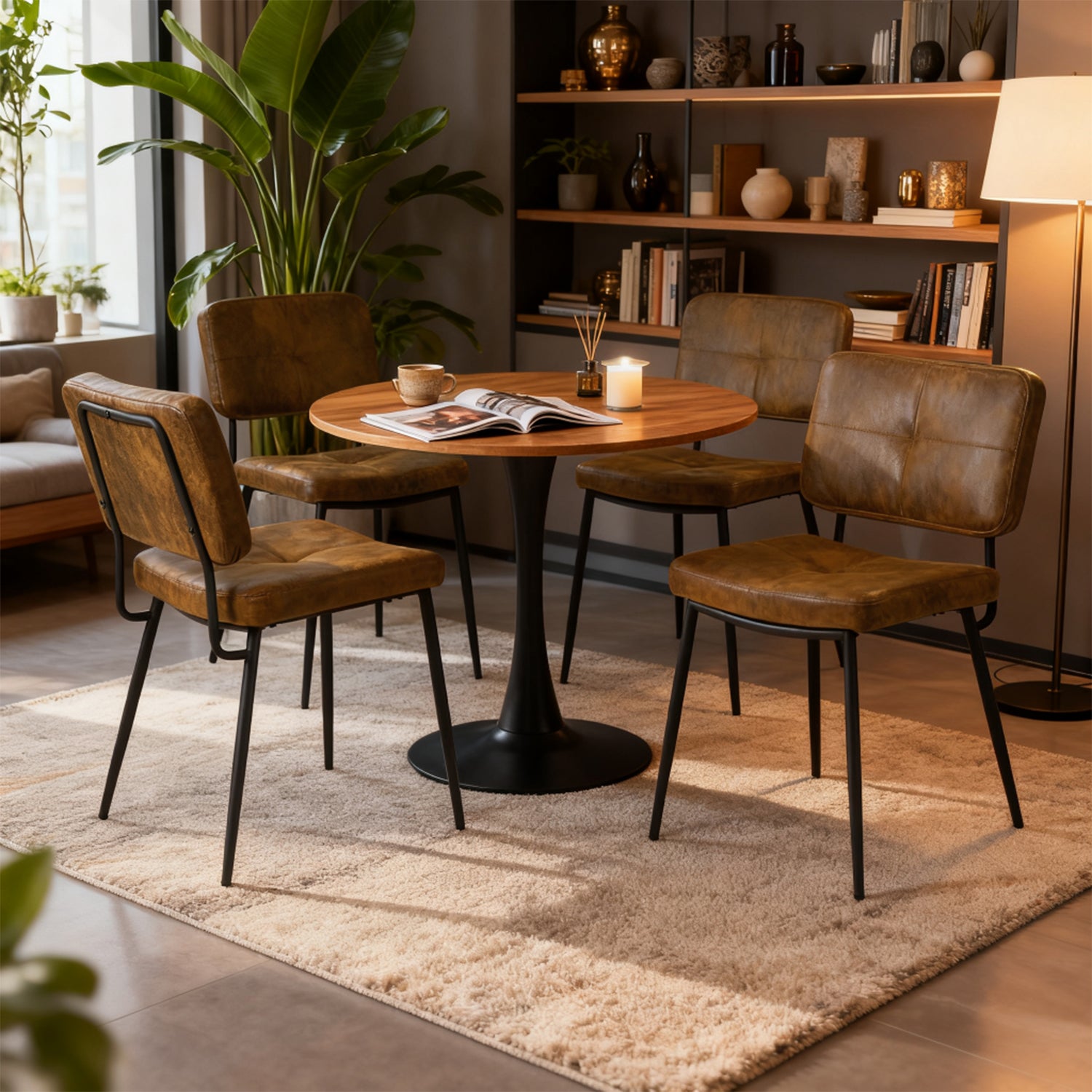 Ensemble de salle à manger de style scandinave composé d'une table ronde en chêne et de 4 chaises en suédine marron à assise rembourrée