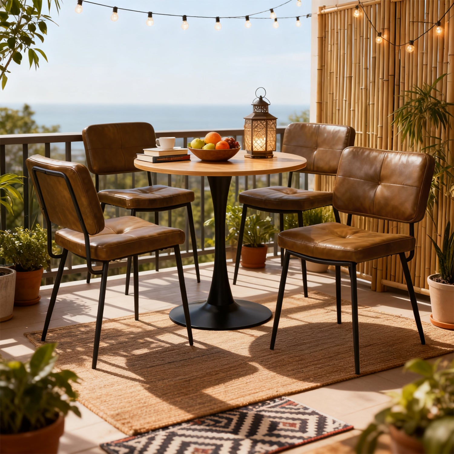Ensemble de salle à manger de style scandinave composé d'une table ronde en chêne et de 4 chaises en suédine marron à assise rembourrée