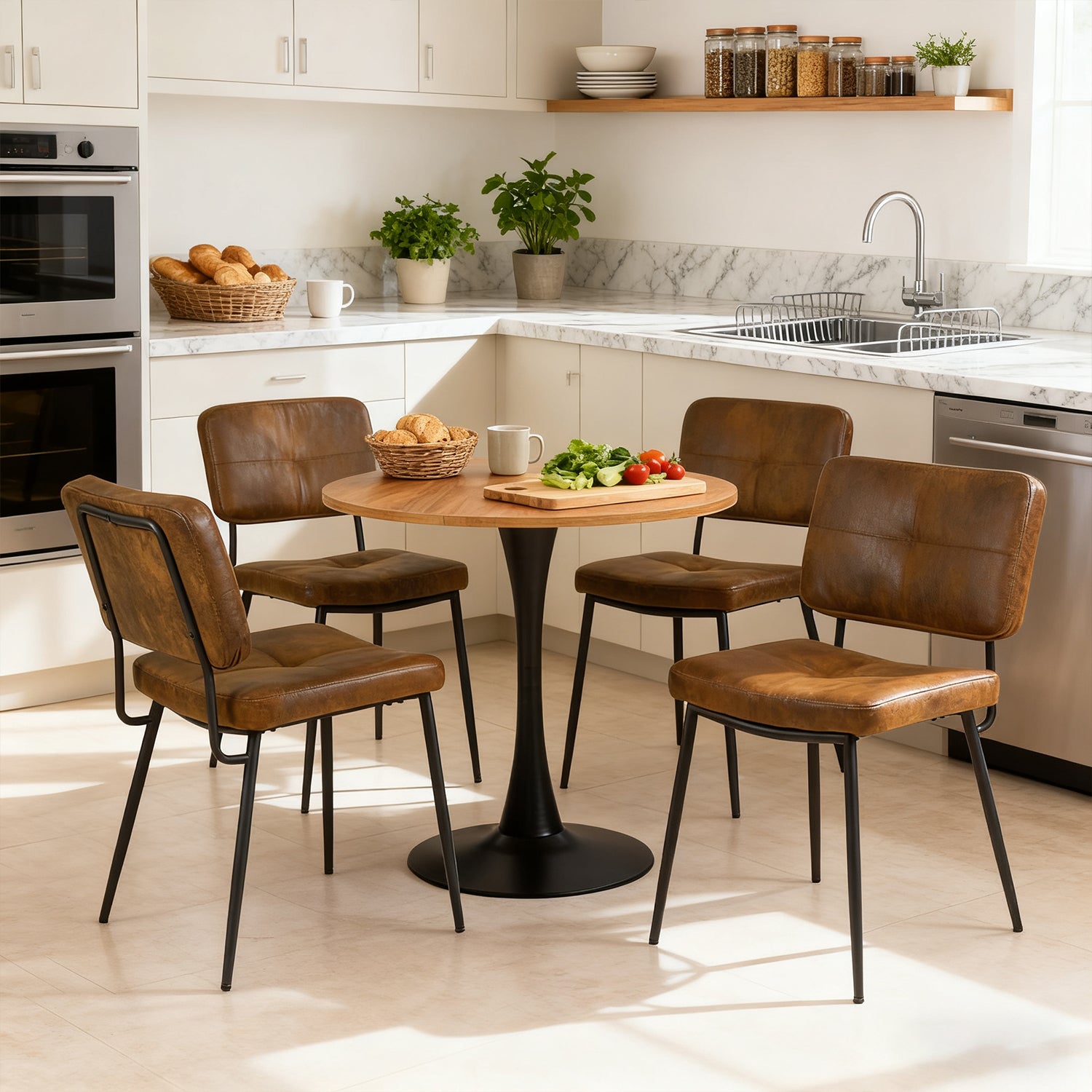 Ensemble de salle à manger de style scandinave composé d'une table ronde en chêne et de 4 chaises en suédine marron à assise rembourrée