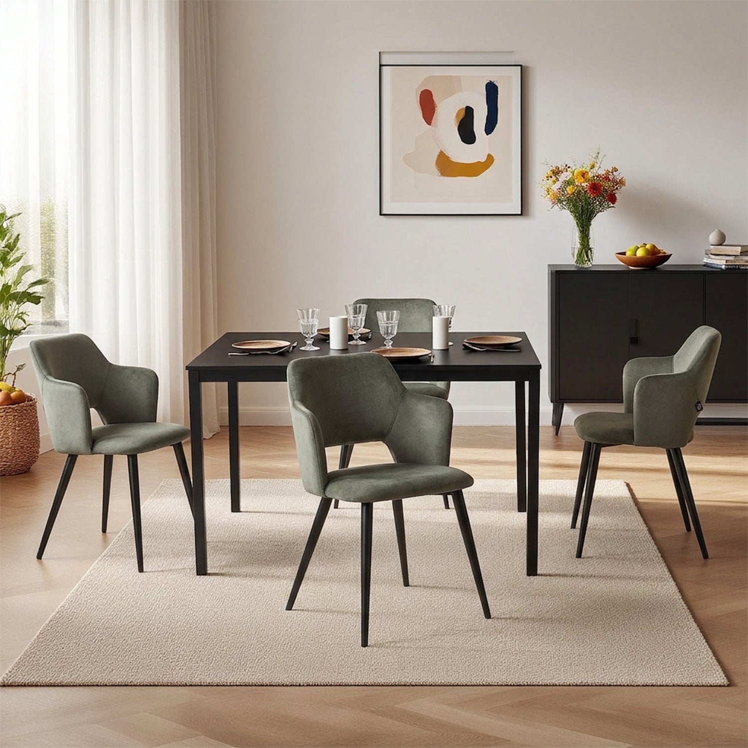Round Table Table Table Table Timber Ø80 cm with 4 black velvet chairs, modern and comfortable style