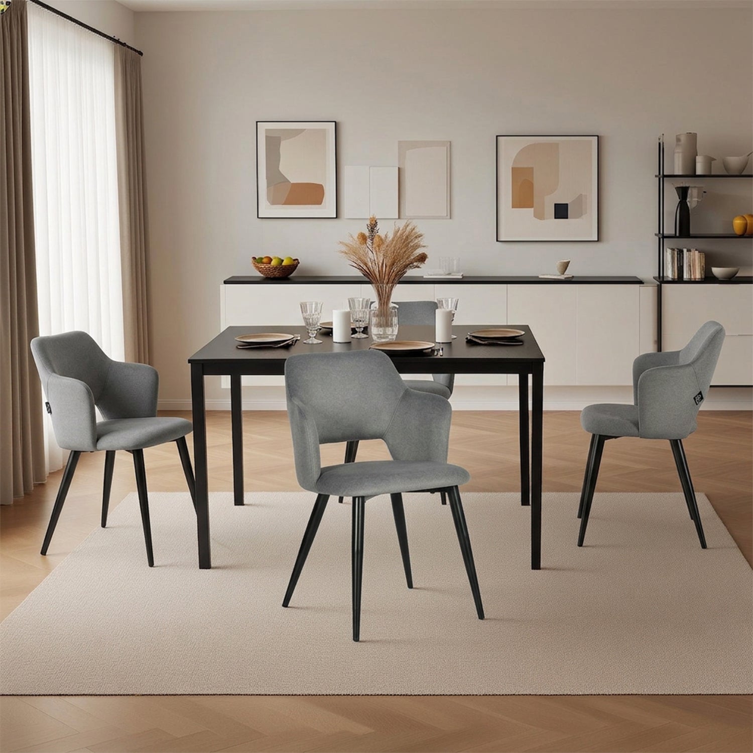 Ensemble table à manger extensible noire et 4 fauteuils en tissu gris de style scandinave
