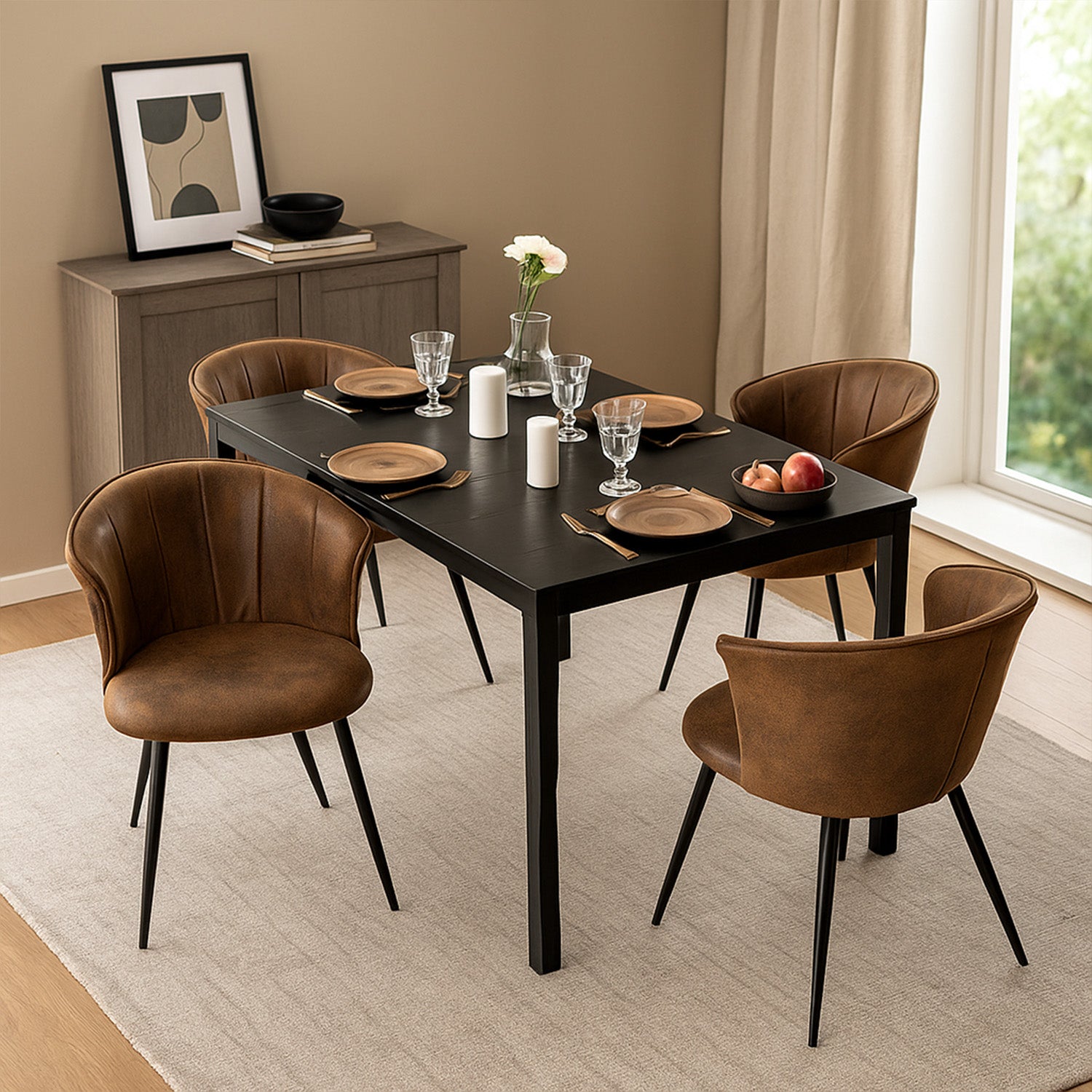 Ensemble table à manger extensible noire avec 4 fauteuils en suédine, style scandinave