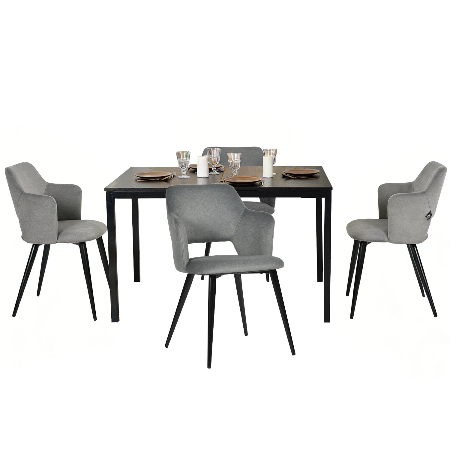 Ensemble table à manger extensible noire et 4 fauteuils en tissu gris de style scandinave