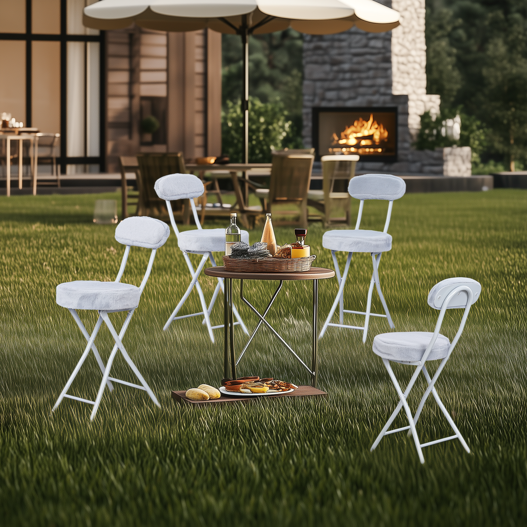 Lot de 4 chaises/tabourets pliantes, assise ronde en tissu effet fausse fourrure grise - ERNST