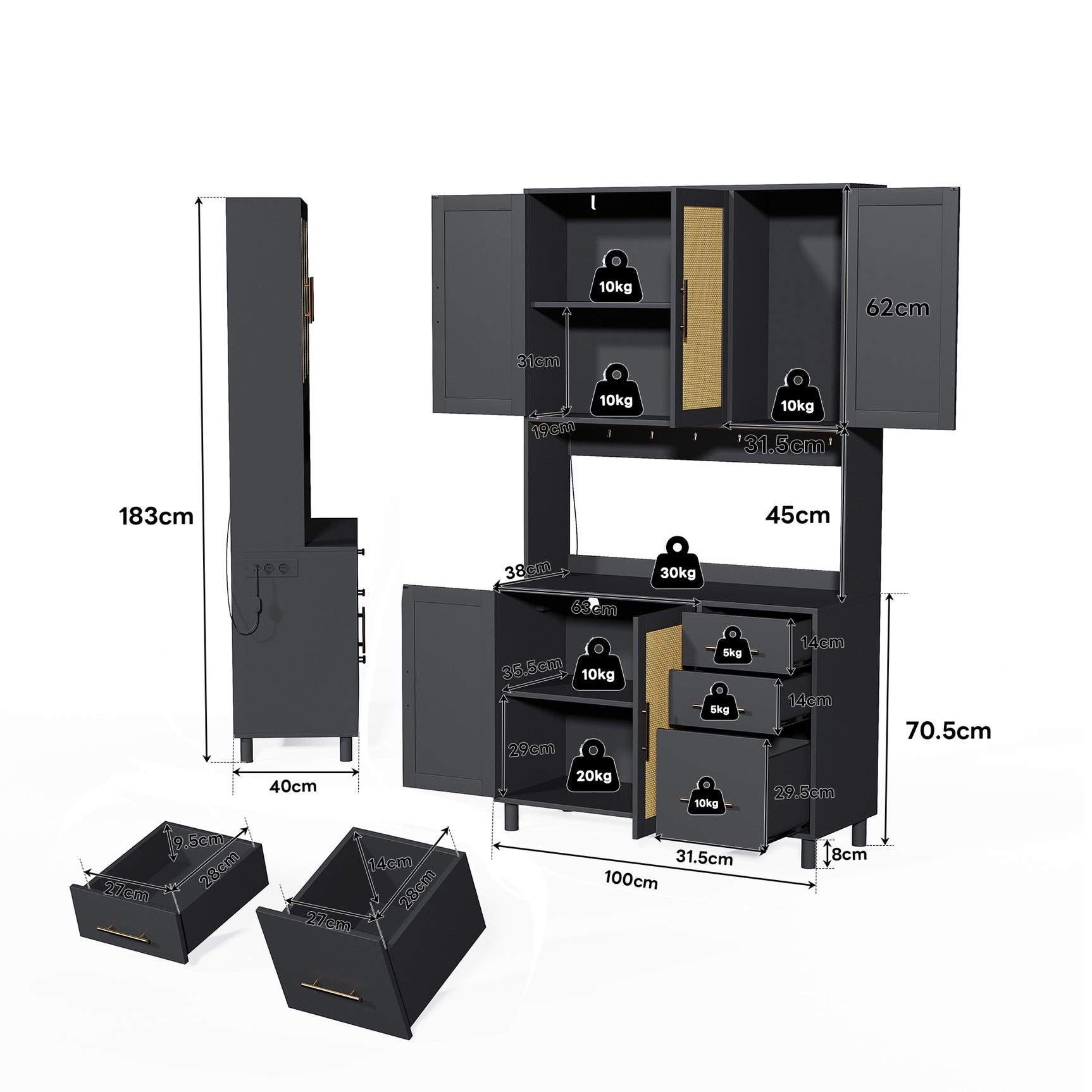 Buffet de cuisine 183 cm avec éclairage LED contrôlé par application, 2 ports USB, 2 prises, 3 tiroirs, étagères réglables et poignées dorées â€?idéal pour cuisine et salle à manger