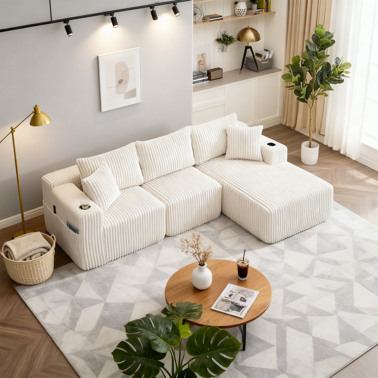 Ensemble canapé avec coussins, poches latérales et porte-gobelets en velours côtelé doux pour salon, blanc